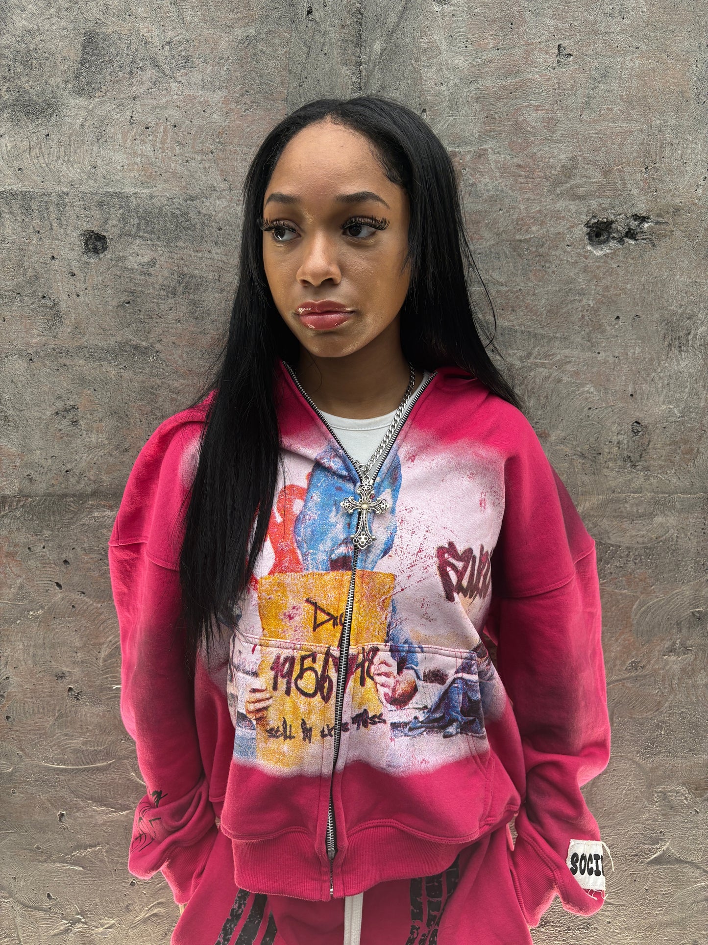 “Life sucks”distressed zip up